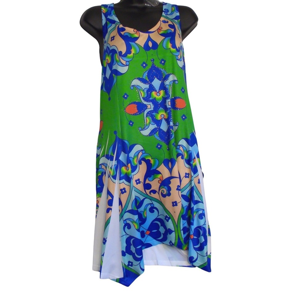 INDIA BOUTIQUE Paisley Rhinestone Handkerchief Shift Dress Green BlueSleeveless